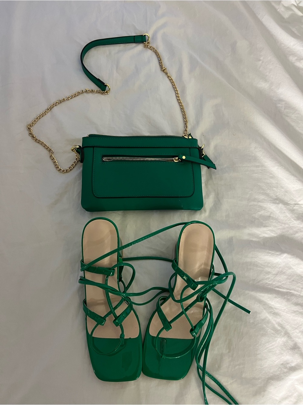 Green Crossbody Bag with Gold Chain - and green block strappy heels